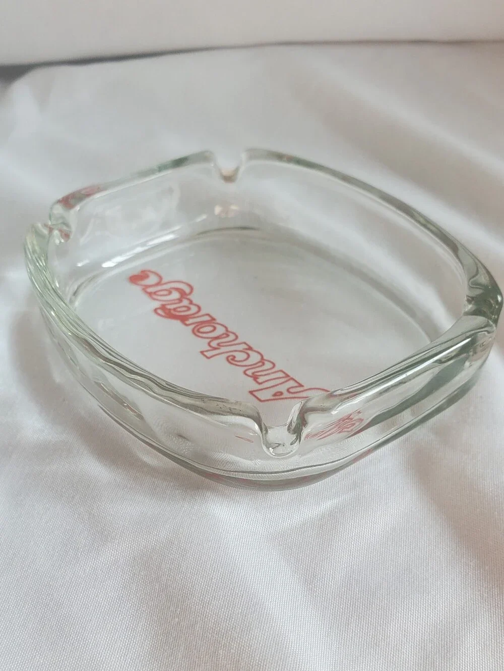 The Anchorage Vintage Clear Glass Ashtray with Red Script Logo Retro MCM EUC